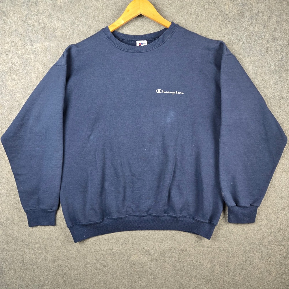 Vintage Champion Sweatshirt Mens Large Navy Blue Script Logo Pullover 90s Y2k